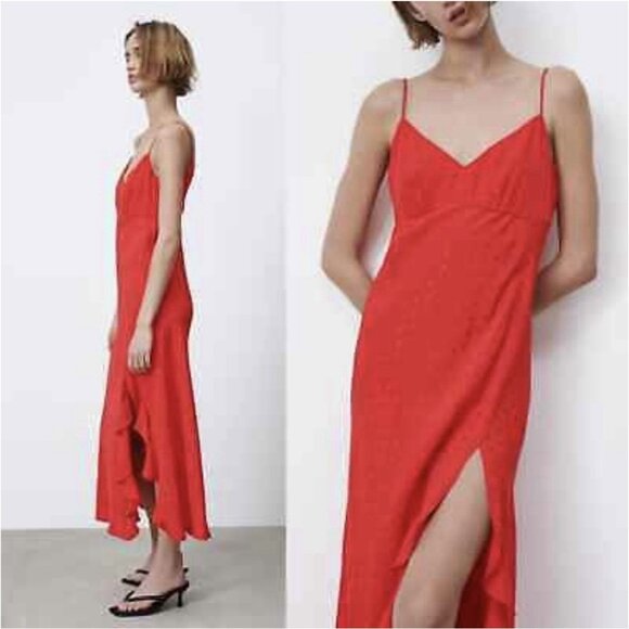 ZARA Women Red Jacquard Dotted Slip Dress Ruffle Medium Size Holiday Christmas - Picture 16 of 16